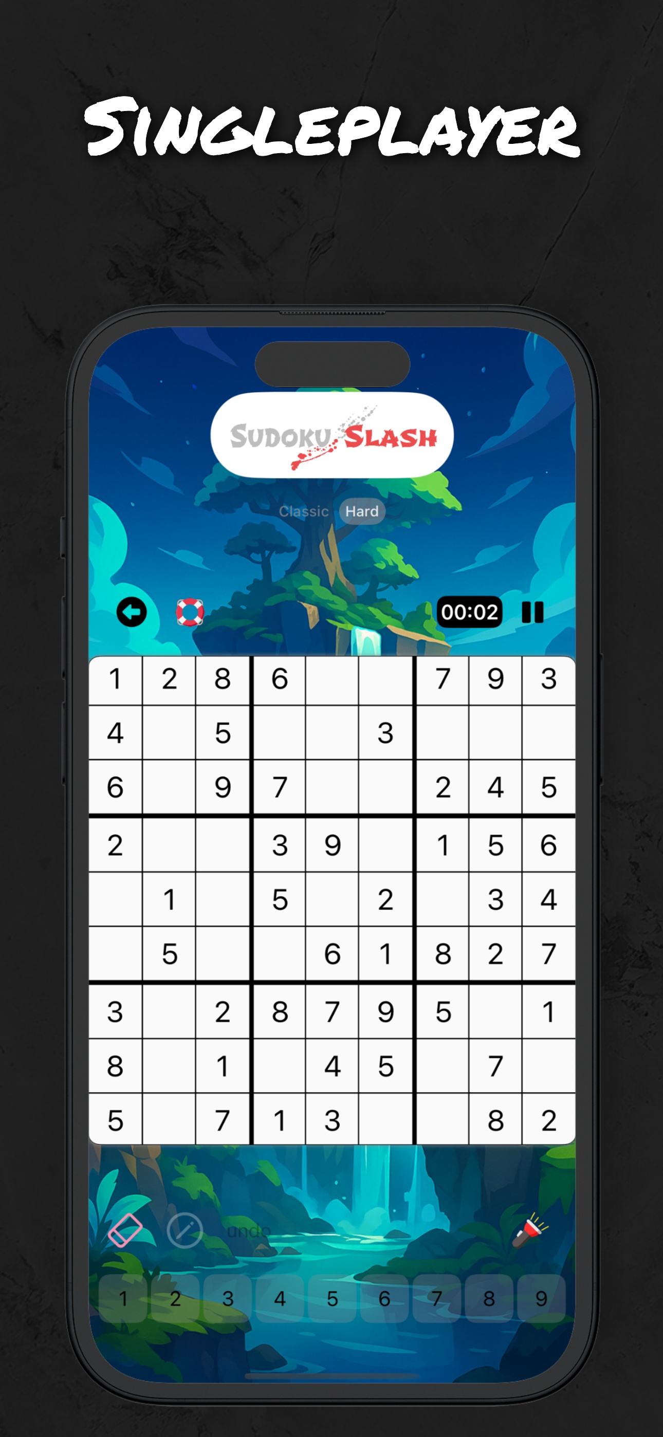 Sudoku Slash single player mode - classic 9x9 sudoku puzzle with beautiful jungle theme background